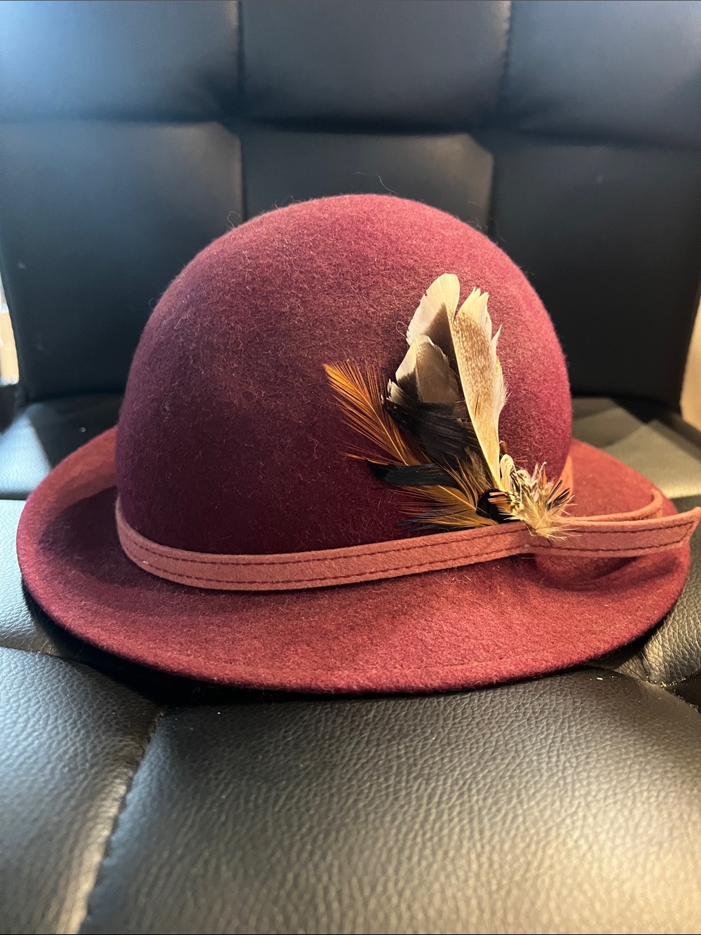 Women's Felt Cloche Hat with Feather Trim in Burgundy